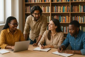 Publishing Autonomy: People collaborating in a modern office with books and laptops, emphasizing creativity and teamwork